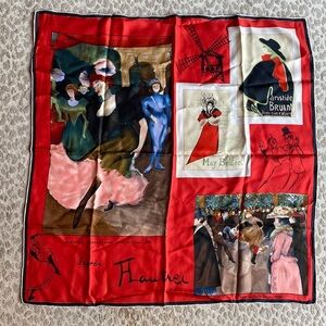 Toulouse Lautrec Moulin Rouge Art Themed Red Silk Scarf, 30” square